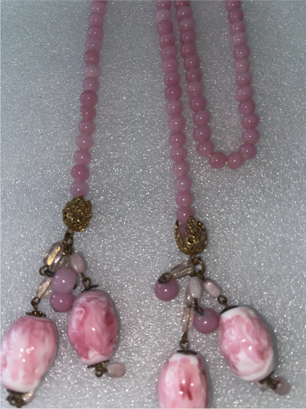 Pink Beaded Dangle Necklace with Marble Glass Pendants markdown sale